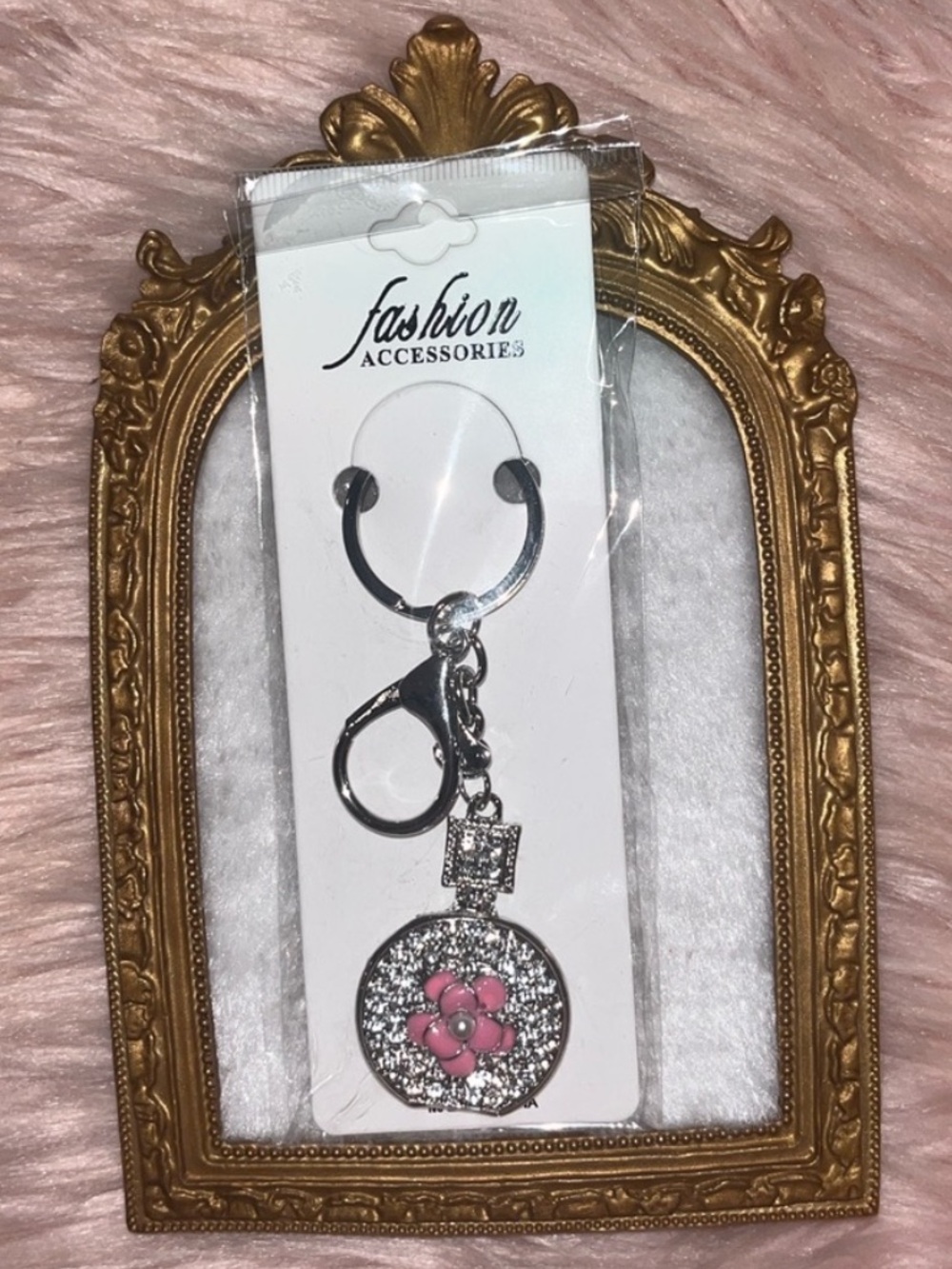 Fashion Accessories Silver Keychain with Pink Flower Charm